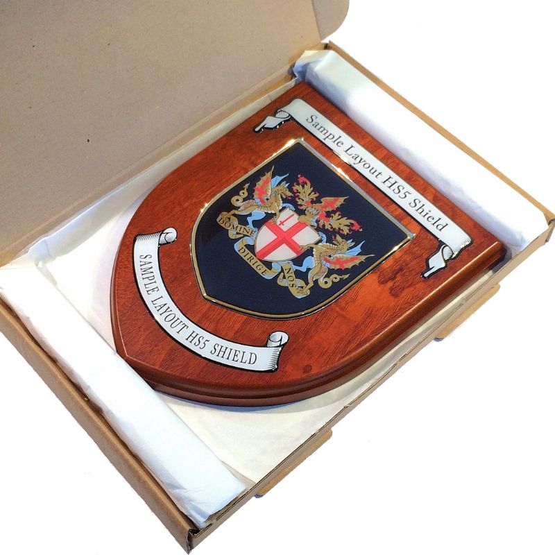 Presentation shield with shield shaped centrepiece and two scrolls.